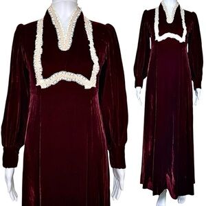 Vintage 70s Velvet Maxi Dress Burgundy Size S Handmade Victorian Lace Trim